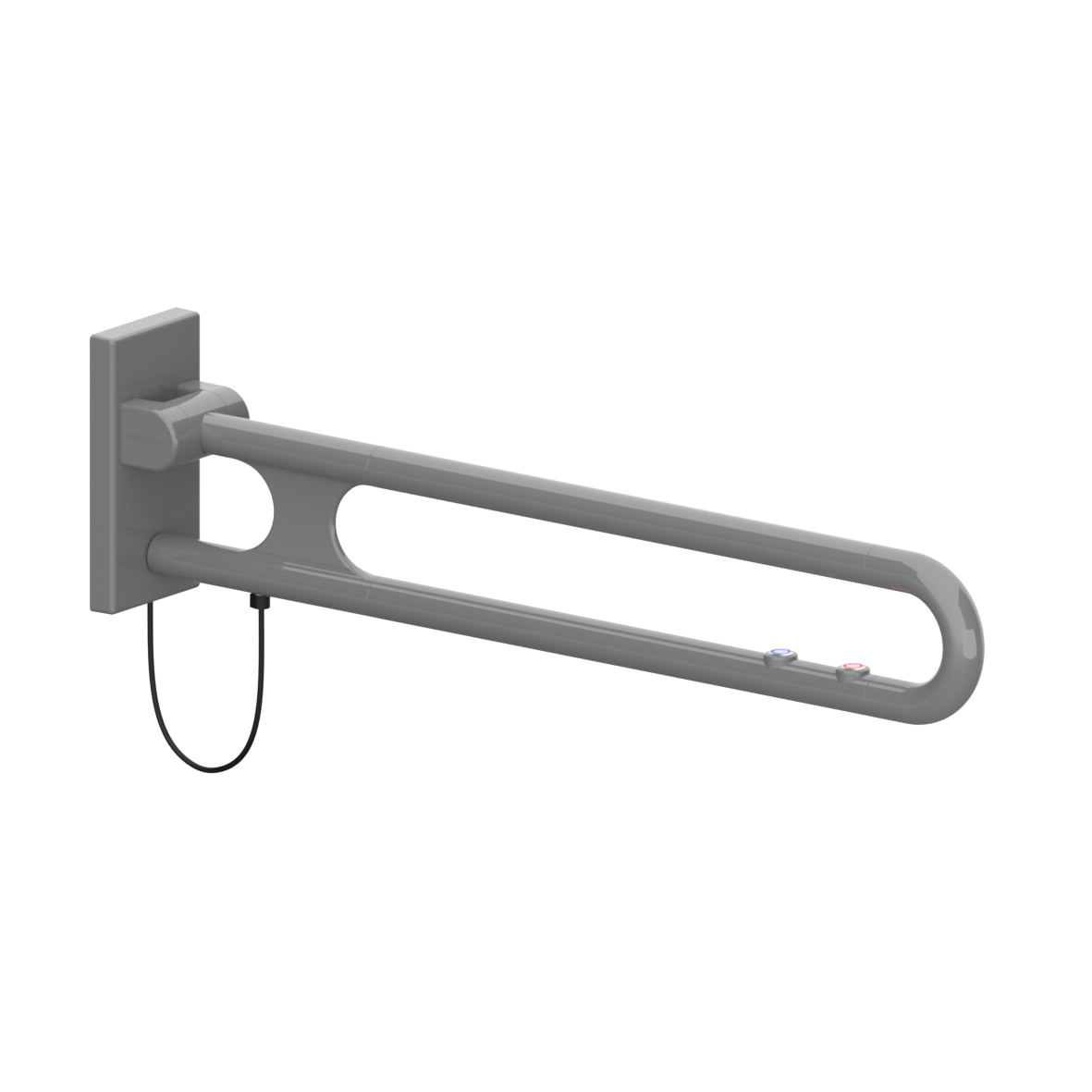 Nylon Care Stützklappgriff vario, mit Grundplatte, mit 2 E-Taster (WC und RUF: Schließer und Öffner), L = 850 mm, Anschluss verdeckt mit Montageplatte, Dunkelgrau