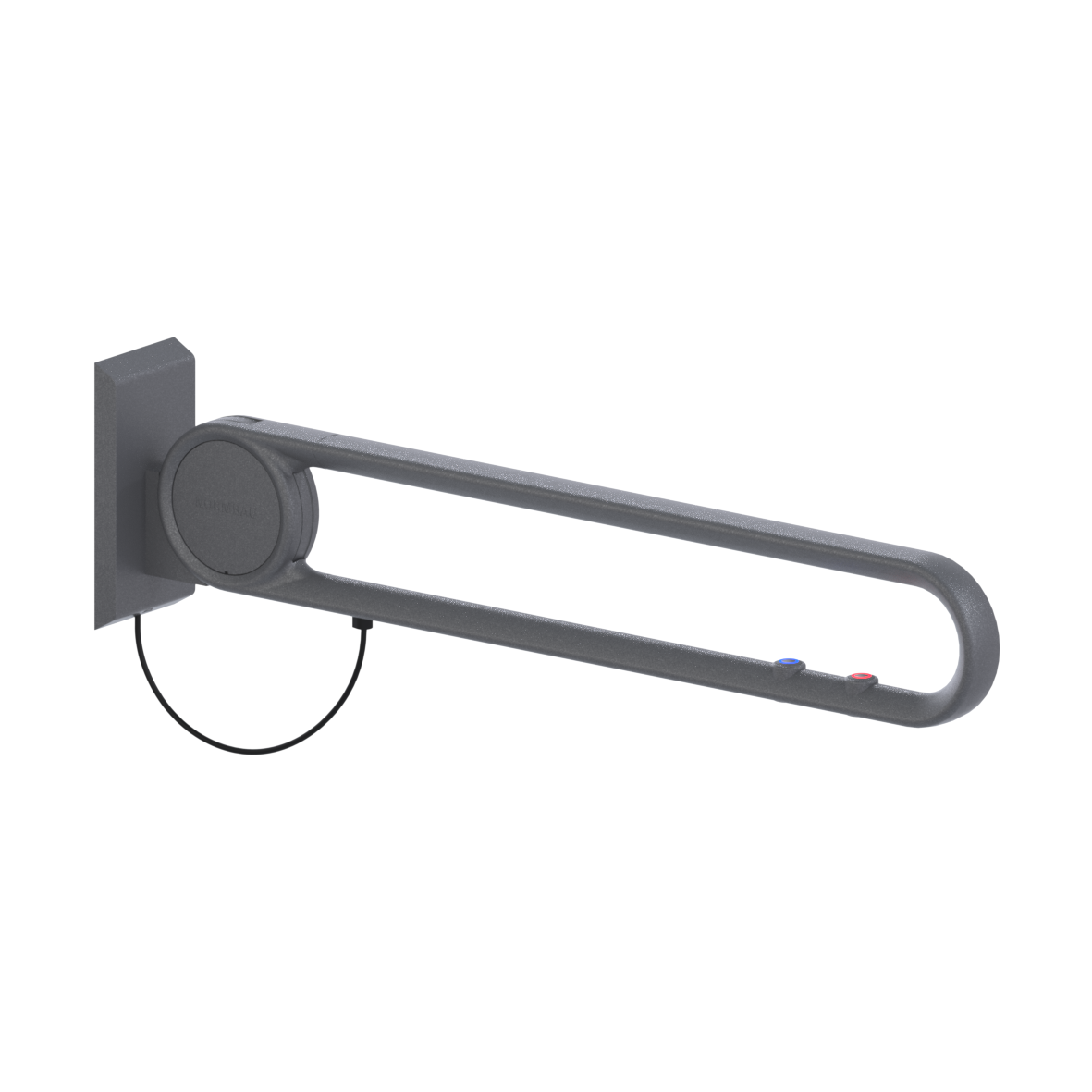 Cavere Care Stützklappgriff vario, mit Grundplatte, mit 2 E-Taster (WC und RUF: Schließer und Öffner), L = 850 mm, Anschluss verdeckt mit Montageplatte, Cavere Anthrazit-Metallic