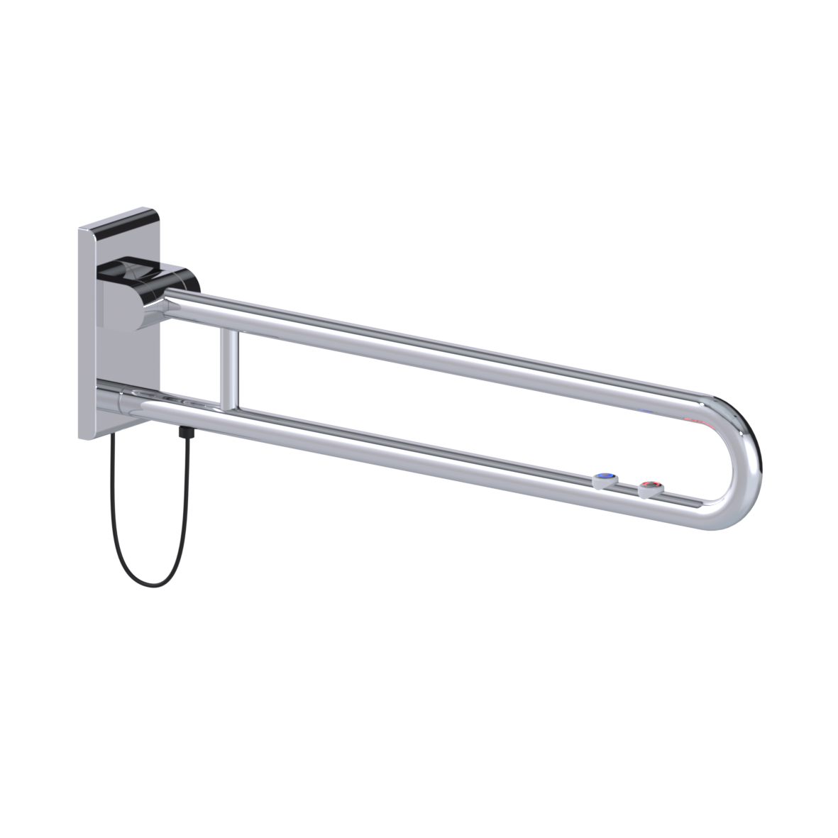 Inox Care Stützklappgriff vario, mit Grundplatte, mit 2 E-Taster (WC und RUF: Schließer und Öffner), L = 850 mm, Anschluss verdeckt mit Montageplatte, Hochglanzpoliert